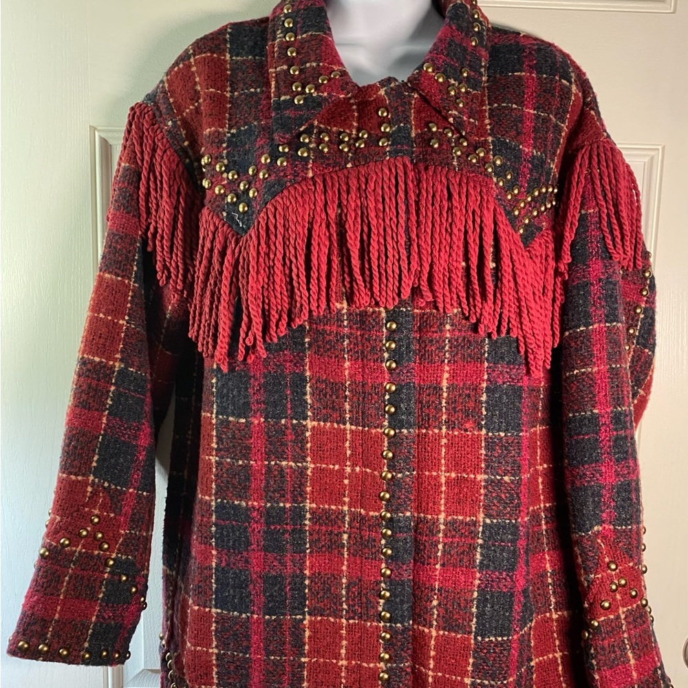 SALE.  Vocal Red Plaid Fringe Jacket with Studs. Unlined. Unique and stunning
